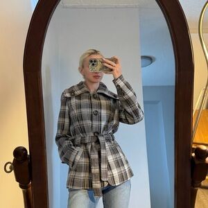 IC COLLECTION Black and Gray Plaid Trench Coat